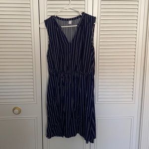Sleeveless navy and white striped dress